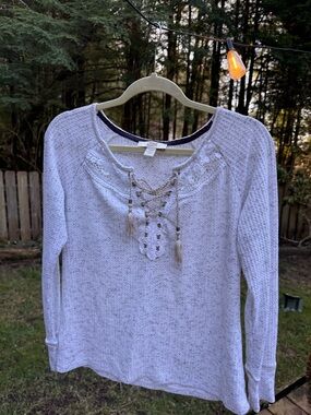 Vintage America Cream Lace-Up Waffle Knit Top with Navy Polka Trim